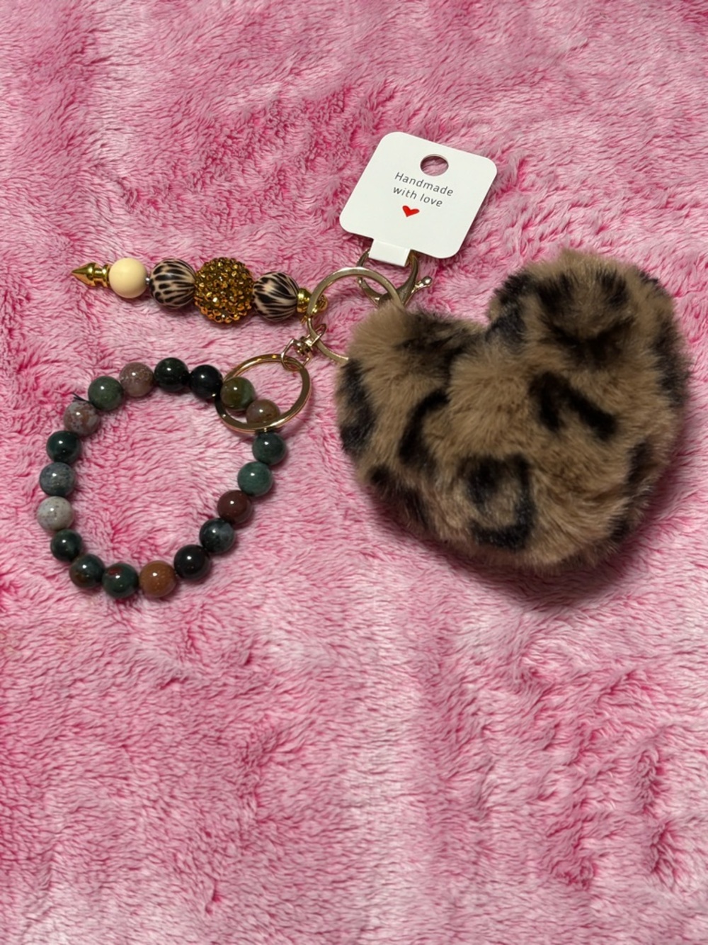 Beaded Jasper Crystal Bracelet & Leopard Print Heart Fur Keychain